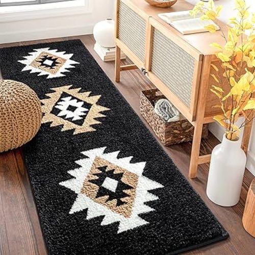 DEXDE Boho Bathroom Rugs Runner 20x47, Black Aztec Western Bath Mat Non Slip Long Luxury Large Bath Rugs Soft Absorbent Carpet for Shower Kitchen Entryway Modern