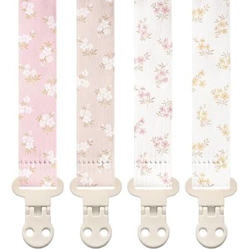Stadela Baby Fabric Pacifier Clip Holder, Plastic Clip, 4‑Pack, Wildflower Pattern, Heather Set
