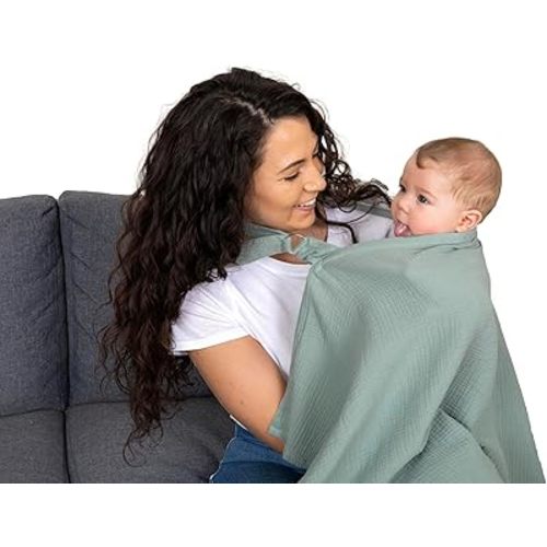 Superior Design Evergrwn Multi-use Privacy Nursing Cover Up for Breastfeeding, 100% Cotton Breathable Nursing Cover with Arch Neckline, Muslin Breastfeeding Cover, Baby Essentials (Sage Green)