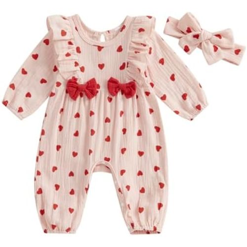 SAYOO Baby Girl Valentine's Day Outfit Cotton Linen Heart Print Smocked Bubble Bodysuit Romper Ruffled Jumpsuit Overalls