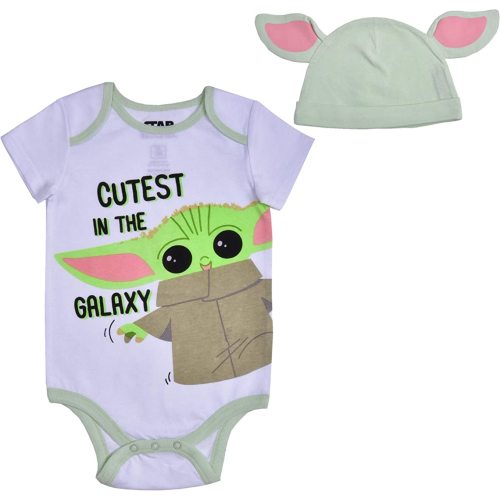 STAR WARS The Mandalorian Baby Yoda Boys’ Short Sleeve Bodysuit and Cap Set for Newborn and Infant – White/Green