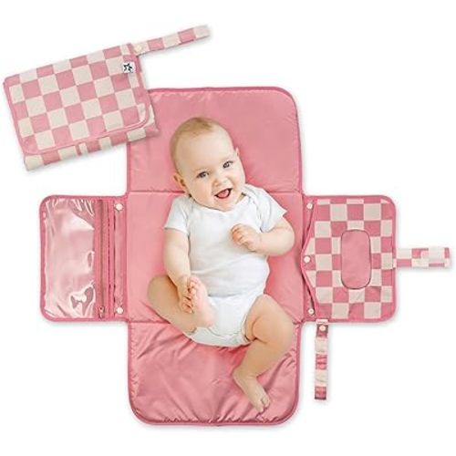 Tiny Twinkle Portable Diaper Changing Pad - Foldable Waterproof Diaper Changing Mat for Travel, Baby Changing Station with Smart Wipes Pocket & Storage (Pink Checkers)