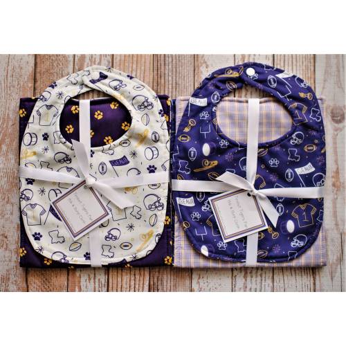 Purple and Gold Tiniest Tigers Fan Reversible Bib or Bib and Burp Cloth Set