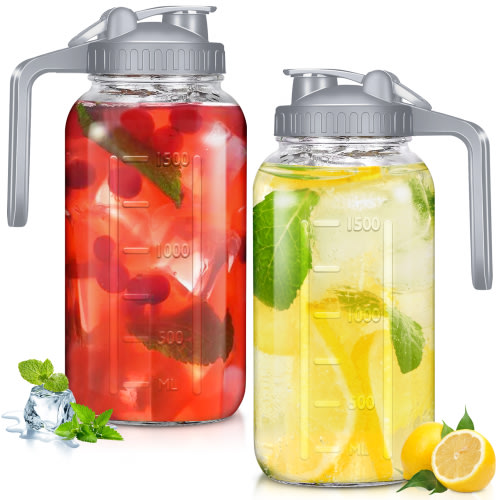 64 OZ 2Packs Glass Pitchers with Handle and Lid, 64oz Breast Milk Pitcher, Wide Mouth Mason Jar Pitcher, Leak Proof Drink Pitcher Water Pitcher, for Breastmilk, Water, Juice, Milk, Tea, Iced Coffee