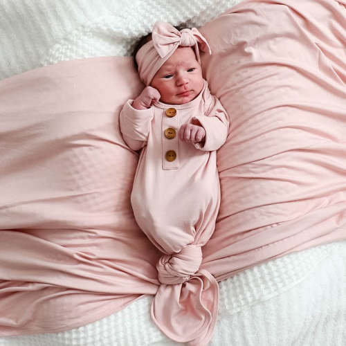 Solid Petal Pink Bamboo Baby Knot Gown & Hat