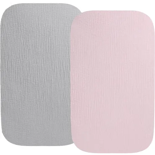 Muslin Bassinet Sheet Compatible with Baby Delight Beside Me Dreamer Bassinet, 2 Pack Cotton Stylish Boho Fitted Bassinet Sheets Super Soft for Baby Grey & Pink
