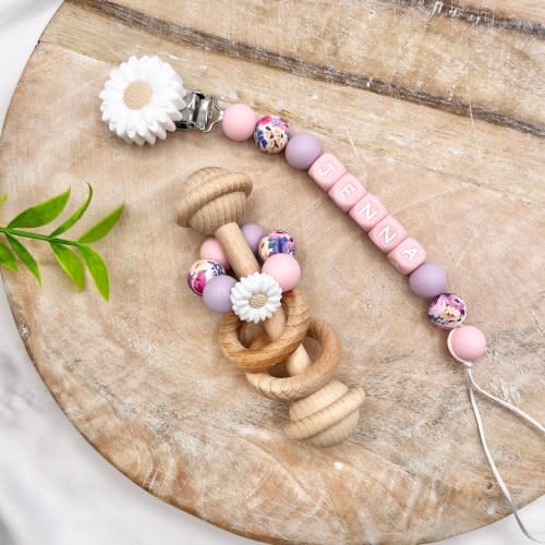 Personalized flower Pacifier Clip with Matching Rattle Ring, Personalized Baby Gifts, Newborn Baby Shower Gift Sets, Montessori Rattle