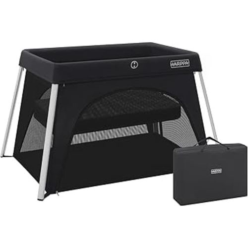 HARPPA Travel Crib with Comfy Mattress, Lightweight Portable Crib Requires No Assembly, Foldable Pack and Play for Baby and Toddlers, Compact Play Yard with Bed (Black)