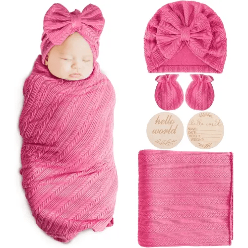 Newborn Receiving Blanket with Bow Hat Mittens Wooden Card Set Wheat-Pattern Newborns Toddler Baby Boy Girl Nursery Swaddle Wrap