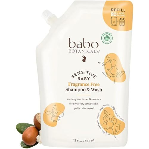 Babo Botanicals Sensitive Baby Fragrance-Free 2-in-1 Shampoo & Wash - Shea Butter, Calendula & Aloe Vera - EWG Verified - Cruelty-Free - Vegan - Pediatrician Tested - For Babies & Kids