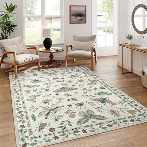 Lahome Insect Print Washable Rugs for Living Room, Soft 6x9 Area Rugs for Bedroom, Ultra-Thin Non Slip Modern Area Rug Low Pile Stain Resistant Throw Carpet for Dining Room Office(6'x9',Beige)