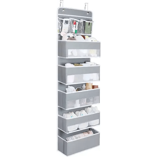 Univivi Over Door Hanging Organizer Storage with 5 Large Pockets and 3 Small PVC Pockets for Cosmetics Wall Hanging Storage Organizer for Pantry Baby Nursery Bathroom Closet Dorm(Grey)