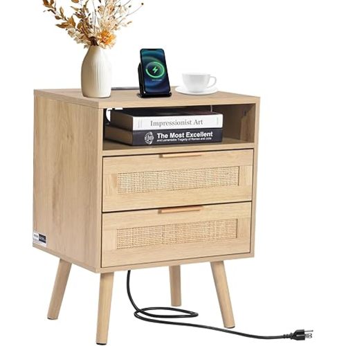 VEVOR Rattan Nightstand, Boho Bedside Table with Open Shelf 2 Drawers, Rattan End Table Nightstand with Solid Wood Legs, Rattan Bedside Table with Charging Station, for Bedroom, Study & Living Room