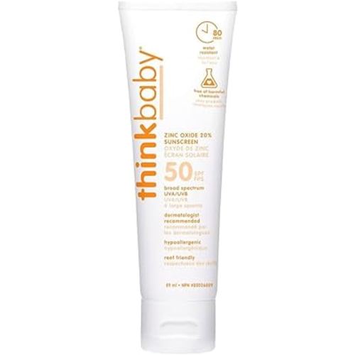 Thinkbaby SPF 50+ Baby Mineral Sunscreen – Safe, Natural Sunblock for Babies - Water Resistant Sun Cream – Broad Spectrum UVA/UVB Sun Protection – Vegan Baby Sunscreen Lotion, 3 Oz.