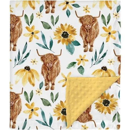 HawSkgFub Highland Cow Sunflower Mink Baby Blanket Dotted Backing Girls Shower Gift, Western Cowgirl Floral Double Layer Nursery Bed Receiving Swaddle, Soft Newborn Infant Toddler Crib Bedding 30 x 40