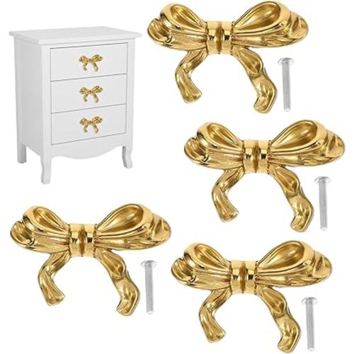 Brass Bow Cabinet Knobs, 4pcs Gold Bow Drawer Pulls Handles Bowknot Knobs, Vintage Cabinet Handles for Dresser Cupboard Wardrobe Door Hardware (1.97" L, 1.38" W)