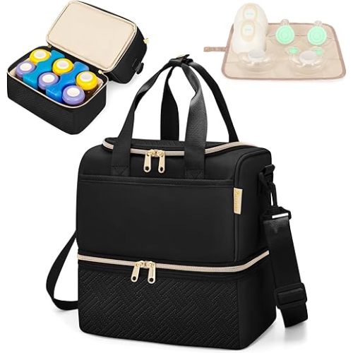 Fasrom Wearable Breast Pump Bag with Cooler Compartment Compatible with Momcozy, Medela and Willow Pumps, Portable Pumping Carrying Case with Waterproof Mat, Black (Empty Bag Only)