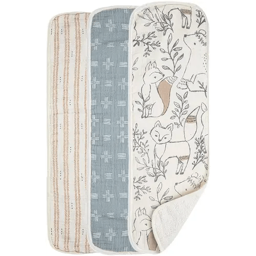 Crane Baby Muslin Baby Burp Cloths, Lightweight Absorbent Burp Cloth, Woodland Animal, Set of 3, 7" x 20", Newborn Baby Essentials, Burp Cloths Baby Boy, Burp Cloths Baby Girl, Baby Newborn Essentials