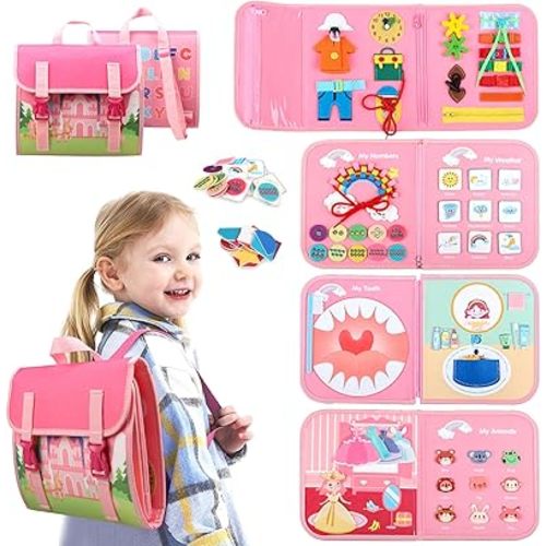 Busy Board Montessori Toys for 1 2 3 4 Year Old Girl Birthday Gift, Preschool Educational Activities Busy Book for Learning Fine Motor & Life Skills, Toddler Sensory Travel Toys for Airplane Car(Pink)