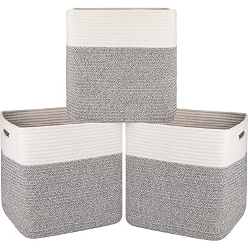 OIAHOMY 3-Pack Kallax Storage Cubes, Cotton Rope Woven Baskets for Organizing, 13 Inch Cube Storage Bins for Shelves, Baby Nursery, Closet Organizer