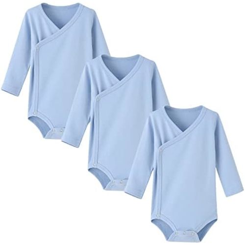 ACESTAR Baby Unisex Side Snap Bodysuits - 100% Cotton Plain Long Sleeve Baby Kimono for Newborn-12 Months, 3 Pack