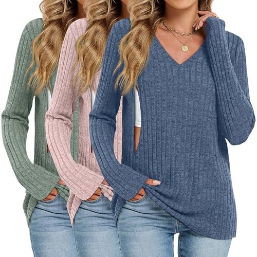 3 Pack Women's Maternity Nursing Tops, V Neck Breastfeeding Sweaters Long Sleeve Hidden Zipper Shirts