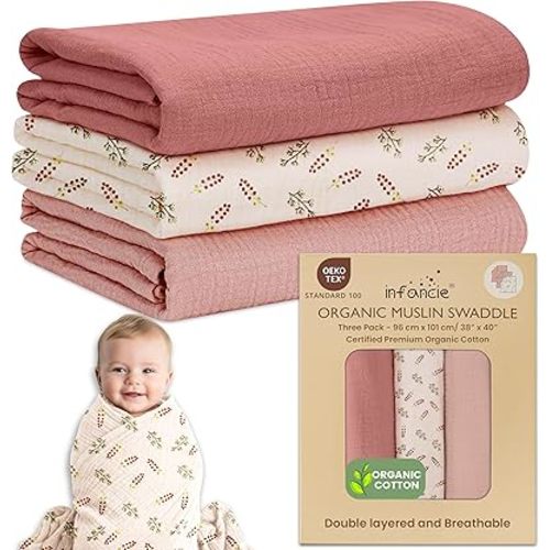 Organic Cotton Muslin Baby Blanket 3 Pack - 38x40 Inch Breathable Swaddle, Hypoallergenic Double-Layer, Versatile Use (Pink, Floral, Rust, 38x40 Inch)