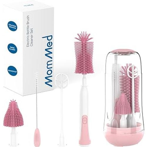 MomMed Electric Bottle Brush, Electric Baby Bottle Brush Set with Silicone Bottle/Pacifier/Straw Brush and Mixing Head, Waterproof Bottle Cleaner Brush with Drying Rack, 2 Modes & 360° Rotation Pink
