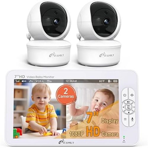 iFamily 7" Large Split Baby Monitor with 2 HD Cameras and Audio, 1080P HD Video Baby Monitor No WiFi,Hack Proof