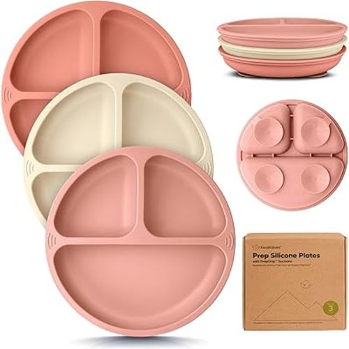 KeaBabies Suction Plates for Baby, Toddler - 3-Pack 100% Silicone Toddler Plates, Divided Baby Plates with Suction, Silicone Plates for Baby, Kids, BPA-Free, Microwave, Dishwasher Safe (Roseate)