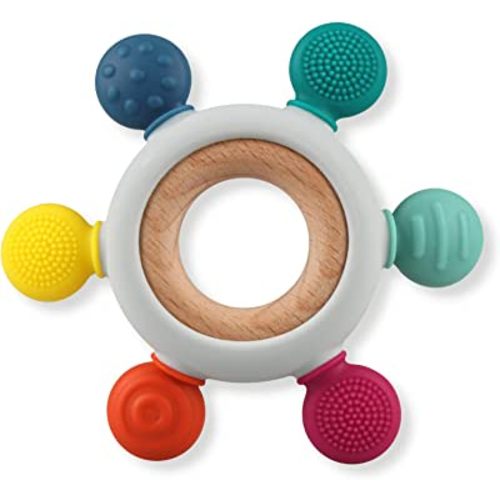 Baby Teething Toys, Silicone Chewable Rings with Organic Wooden, Natural Wooden Ring & Silicone Teething Toys for Newborn, 3+ Months (6 Directions, Ocean)