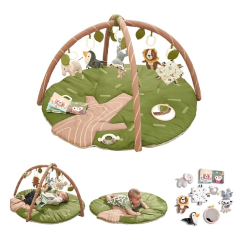 Baby Play Gym Mat - Jungle Safari Activity Mat with 8 Detachable Toys for Sensory Development - Thick, Oversized, Washable and Non-Slip Bottom Playmat - Perfect Tummy Time Mat for Baby