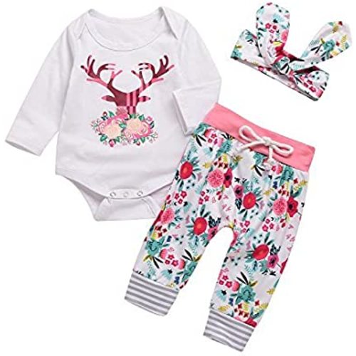 3PCs Baby Pink Reindeer Print Long Sleeves Romper Headband Pant Outfit Set