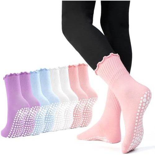 GRPSKCOS Pilates Socks with Grip 4 Pairs Non Slip Women Grip Socks for Yoga Barre Workout Home Hospital Size 5-8