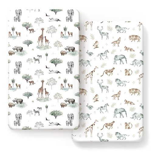 Stretch Ultra Soft Jersey Knit Fitted Crib Sheets Set 2 Pack,Fit All Standard Crib Mattress Pads Safe and Snug, Crib Fitted Sheet for Baby, Stylish African Savannah Animals Pattern