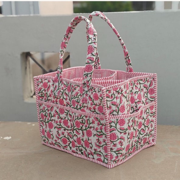 Blue Floral Quilted Cotton Nappy Caddy, Baby Diaper Organizer Basket, Nursery Storage Bin