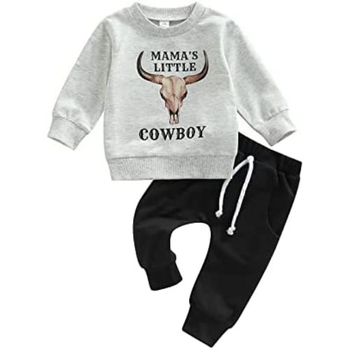 SAYOO Western Baby Boy Clothes Cow Print Sweatshirt Pullover Top Jogger Pants 2Pcs Toddler Boy Cowboy Fall Winter Outfits