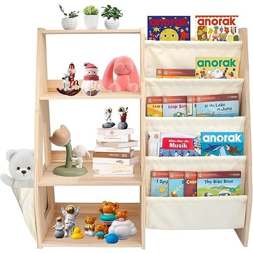 Kids Bookshelf and Toy Organizer, Bookshelf for Kids, Bookcase Book Shelf for Kids Rooms, Bedroom, Playroom, Nursery, Toy Storage Organizer with Bookshelf