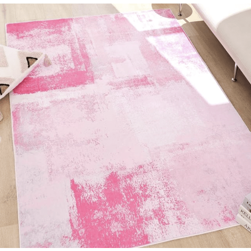 TRUEDAYS Green Abstract Rug 5x7 Washable Bedroom Living Room Rug with Non-Slip Backing - Contemporary Indoor Dark Green Rug Stain Resistant Floor Carpet for Kitchen College Dorm Office - 5 x 7ft - Pink