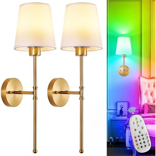 Depuley Battery Operated Wall Sconce: Set of 2 Wireless Wall Lights with 10000mAh Dimmable Bulbs and Remote for Bedroom - Rechargeable 15 Colors Gold Wall Lamp for Living Room Hallway