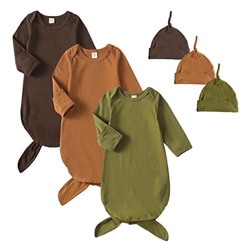 OPAWO Newborn Baby Knotted Gowns with Mitten Cuffs and Hat Baby Sleeper Gowns Coming Home Outfit for Baby Boy Girl 0-6 Months