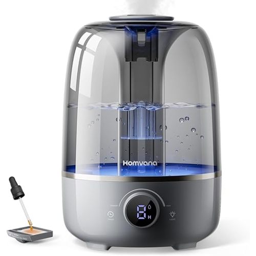 Homvana Humidifiers for Bedroom Diffusers - Top Fill 4L Cool Mist Humidifier Large Room, 40H Runtime Diffusers for Home, Air Humidifier for Plants, Baby Nursery, Essential Oil Diffusers (Grey)