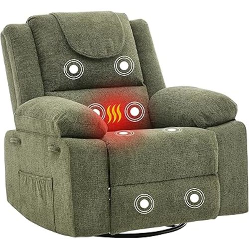 Adults Oversized Rocking Nursery Glider Recliner Chair,360° Swivel Rock Recliner Chairs Single Sofa with Vibration Massage and Heating for Living Room/Bedroom,Green