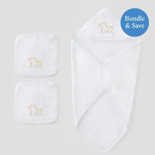 Rubber Duck Baby Bath Bundle (3 pieces) · Includes 1 Baby Hooded Towel and 2 Baby Washcloths