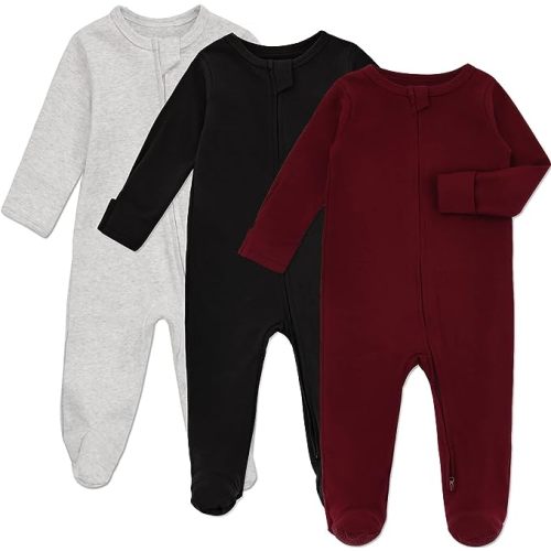 Aablexema Baby Footie Pajama with Mitten Cuffs, Double Zipper Infant Cotton clothes Sleeper Pjs, Footed Sleep Play - 0-3 Months - Grey & Black & Wine Red