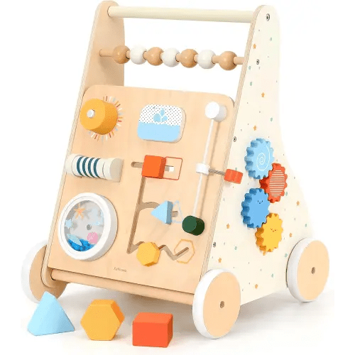 Wooden Baby Walker Push Toy, Montessori Natural Wood Walking Wagon with Activity Center, Blocks & Shape Sorter, Sturdy Learning Toy for 1 2 3 Year Olds