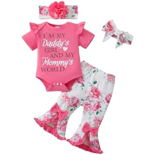 SUNNY PIGGY Newborn Baby Girl Clothes Infant Outfits Romper Floral Fall Outfit Bell Bottoms Pant Sets Hat Headband Flowerpant