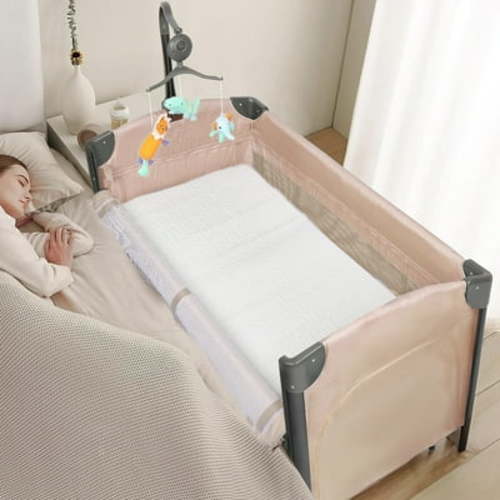JOYMOR Beige Bedside Bassinet Co-Sleeper, Baby Bassinet Travel Crib for Boys Girls, Infant