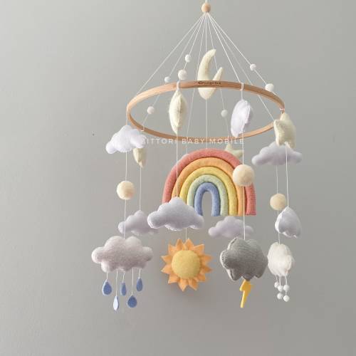 Rainbow Cloud Baby Mobile: Pastel Nursery Decor, Handmade Felt