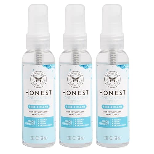 The Honest Company Plant-Based Hand Sanitizer Spray | Kills 99.9% of Germs | Hypoallergenic, Quick-drying + Moisturizing | Fragrance Free, 2 fl oz each (pack of 3)